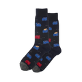 Pair of dark blue crew socks with blue and red toaster pattern, some with toast, and gray power cords, heels, and toes.