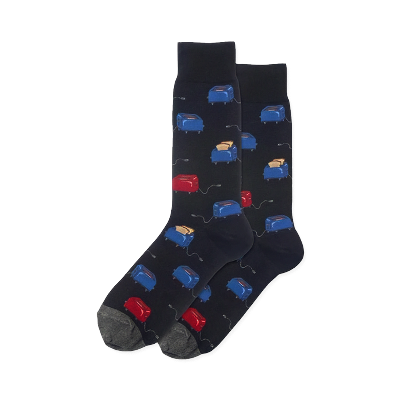 Pair of dark blue crew socks with blue and red toaster pattern, some with toast, and gray power cords, heels, and toes.