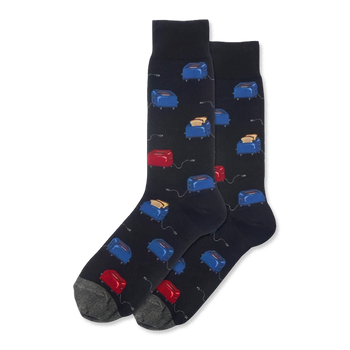 Pair of dark blue crew socks with blue and red toaster pattern, some with toast, and gray power cords, heels, and toes.
