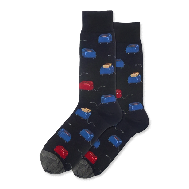 Pair of dark blue crew socks with blue and red toaster pattern, some with toast, and gray power cords, heels, and toes. }}