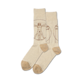 Pair of beige crew socks with a brown Vitruvian Man drawing from Leonardo da Vinci.  The socks have a beige heel and toe.
