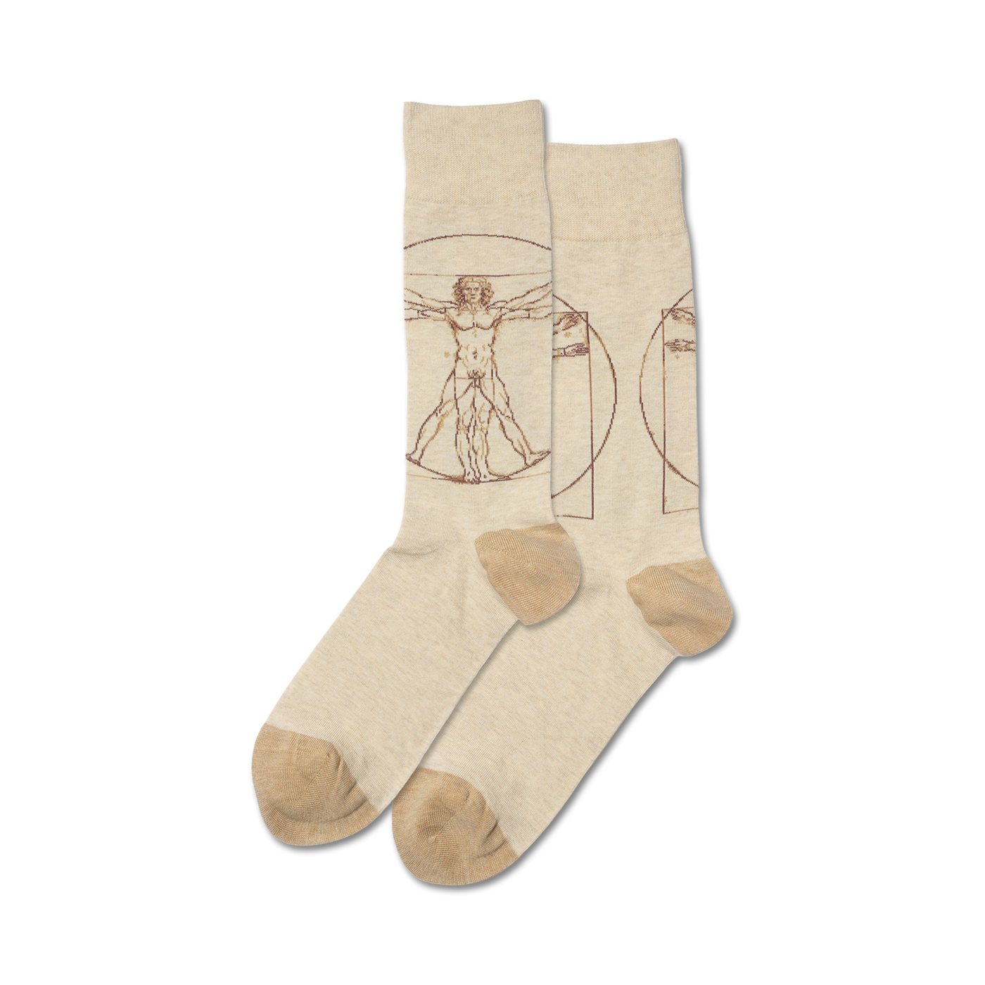 Pair of beige crew socks with a brown Vitruvian Man drawing from Leonardo da Vinci.  The socks have a beige heel and toe.