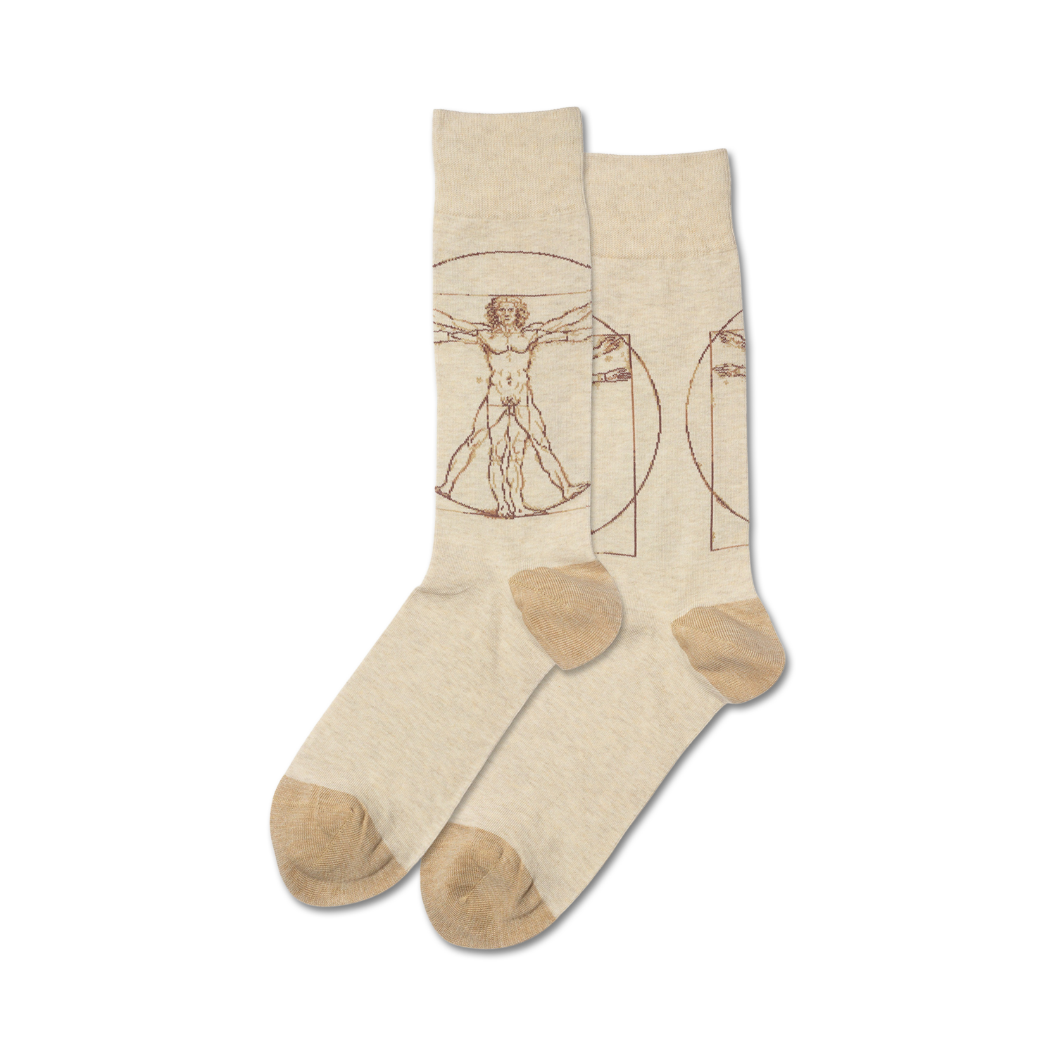 Pair of beige crew socks with a brown Vitruvian Man drawing from Leonardo da Vinci.  The socks have a beige heel and toe.