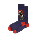 Pair of navy blue crew socks with a red and white image of Napoleon Bonaparte riding a horse.