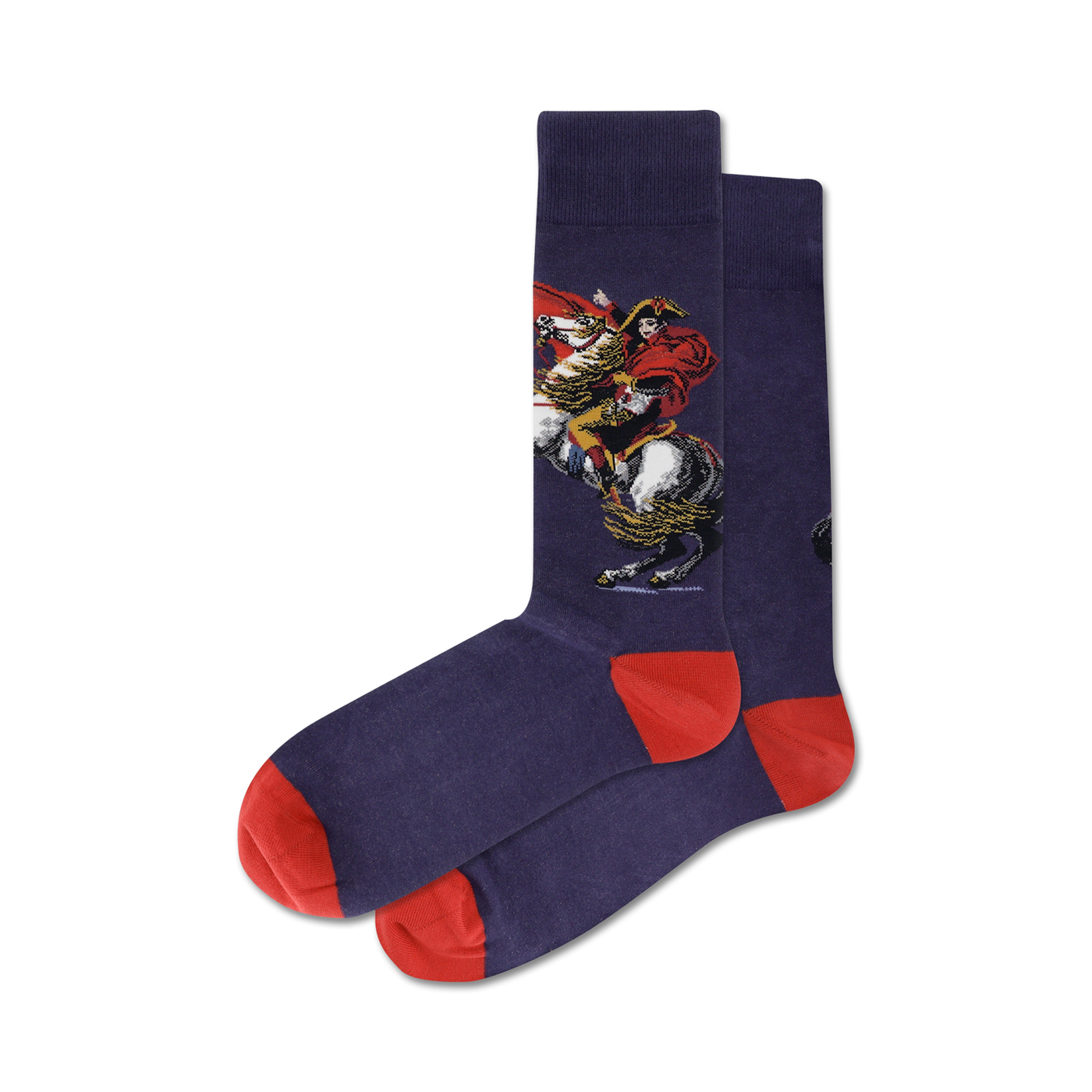 Pair of navy blue crew socks with a red and white image of Napoleon Bonaparte riding a horse.