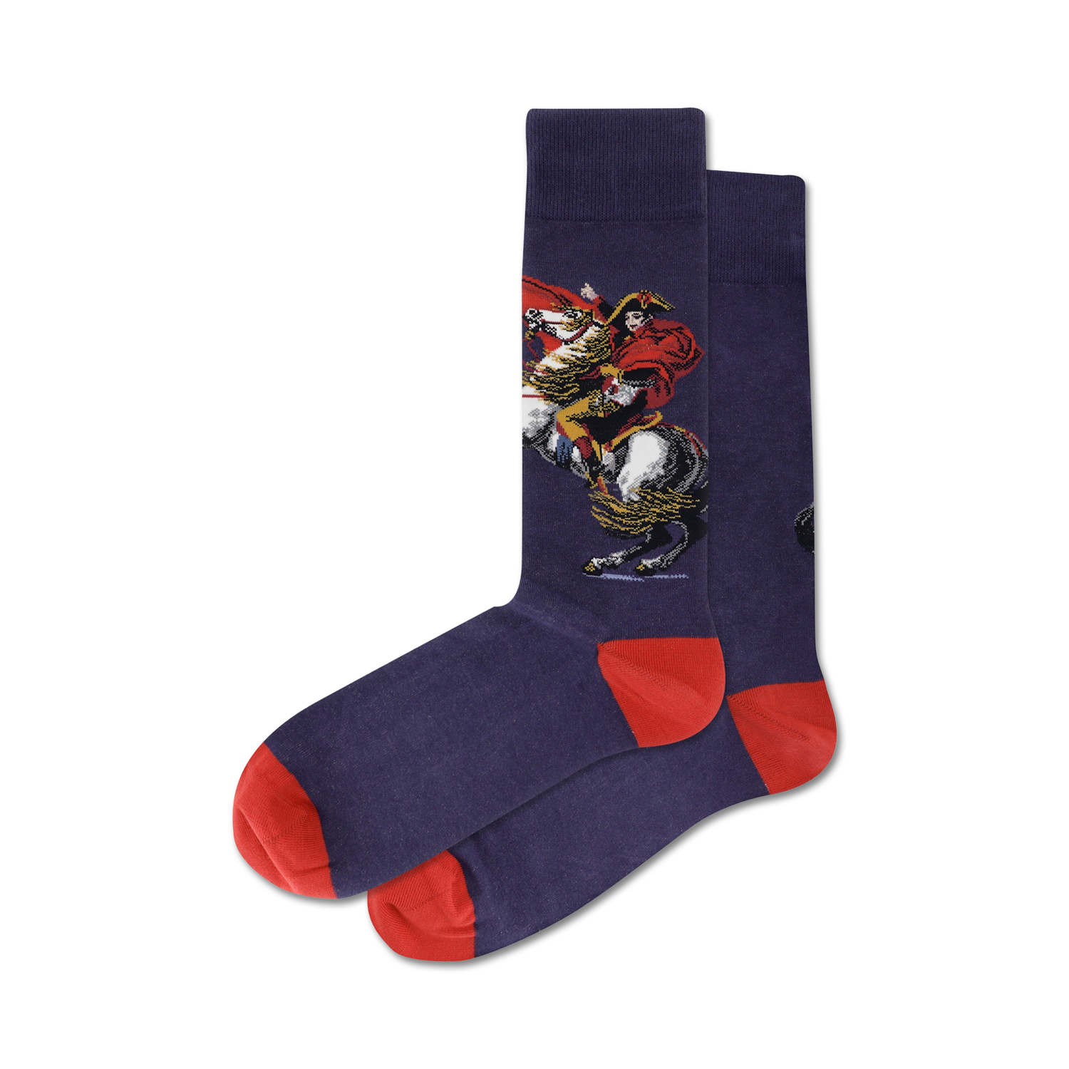 Pair of navy blue crew socks with a red and white image of Napoleon Bonaparte riding a horse.