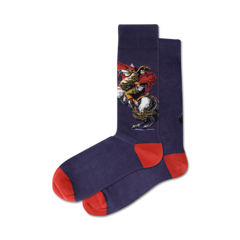 men's red toe and heel napoleon crew socks featuring napoleon bonaparte on a dark blue background.