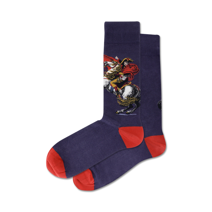 men's red toe and heel napoleon crew socks featuring napoleon bonaparte on a dark blue background. }}