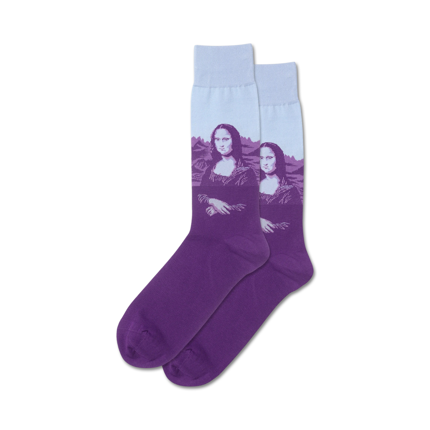 Pair of crew socks featuring a purple and lavender ombre fade with a pop art Mona Lisa image.