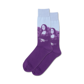 purple crew socks with a portrait of mona lisa on the front.   