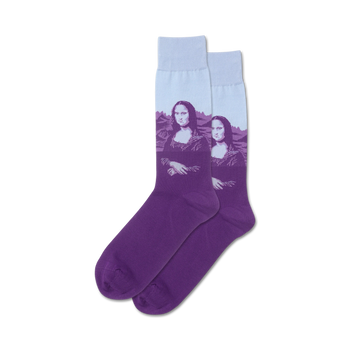 purple crew socks with a portrait of mona lisa on the front.   