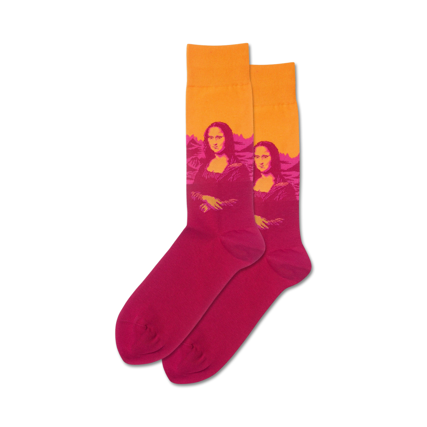 Lifestyle shot of a model wearing the orange and pink Mona Lisa Pop socks.