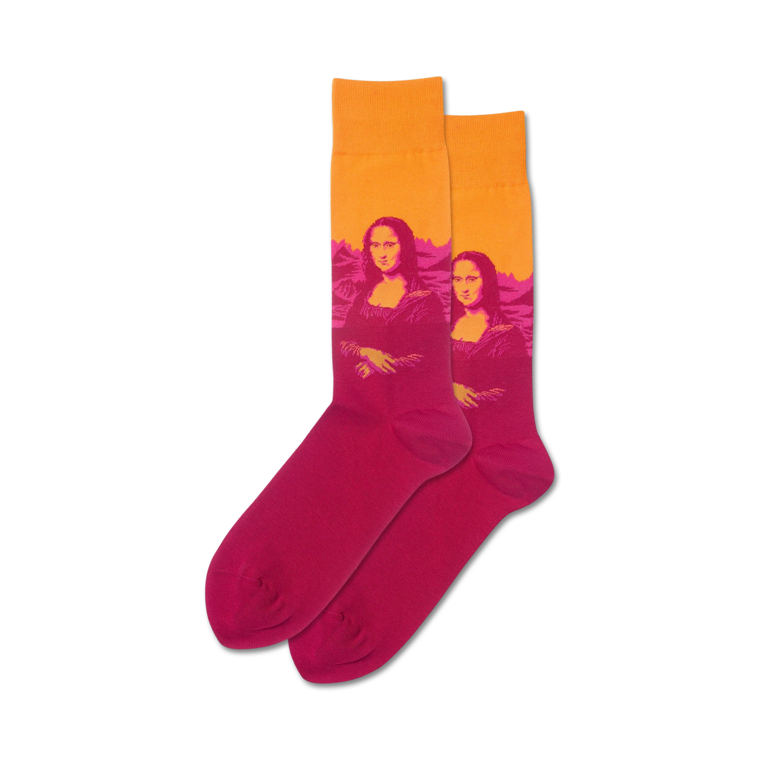 Lifestyle shot of a model wearing the orange and pink Mona Lisa Pop socks.