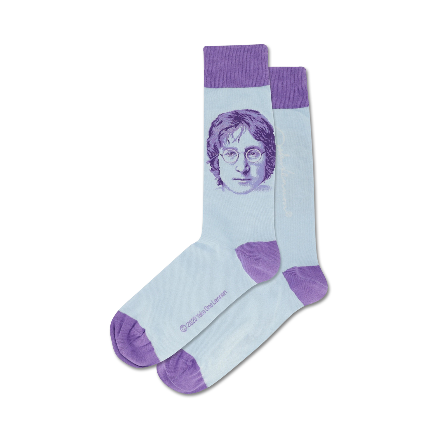 Pair of crew socks; light blue with purple cuffs, featuring a grayscale portrait of John Lennon.