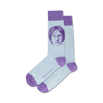 crew length men's socks in light blue with portrait of john lennon in black and white. purple border, toes, and heels   