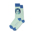 Pair of crew socks; light green with blue cuffs, featuring a grayscale portrait of John Lennon.