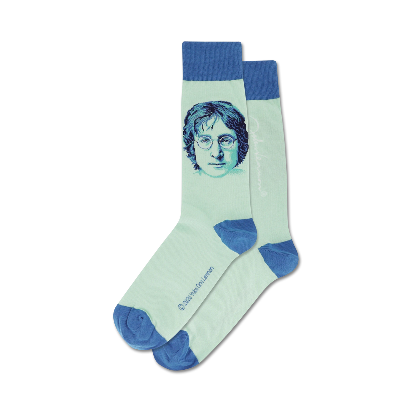 Pair of crew socks; light green with blue cuffs, featuring a grayscale portrait of John Lennon.