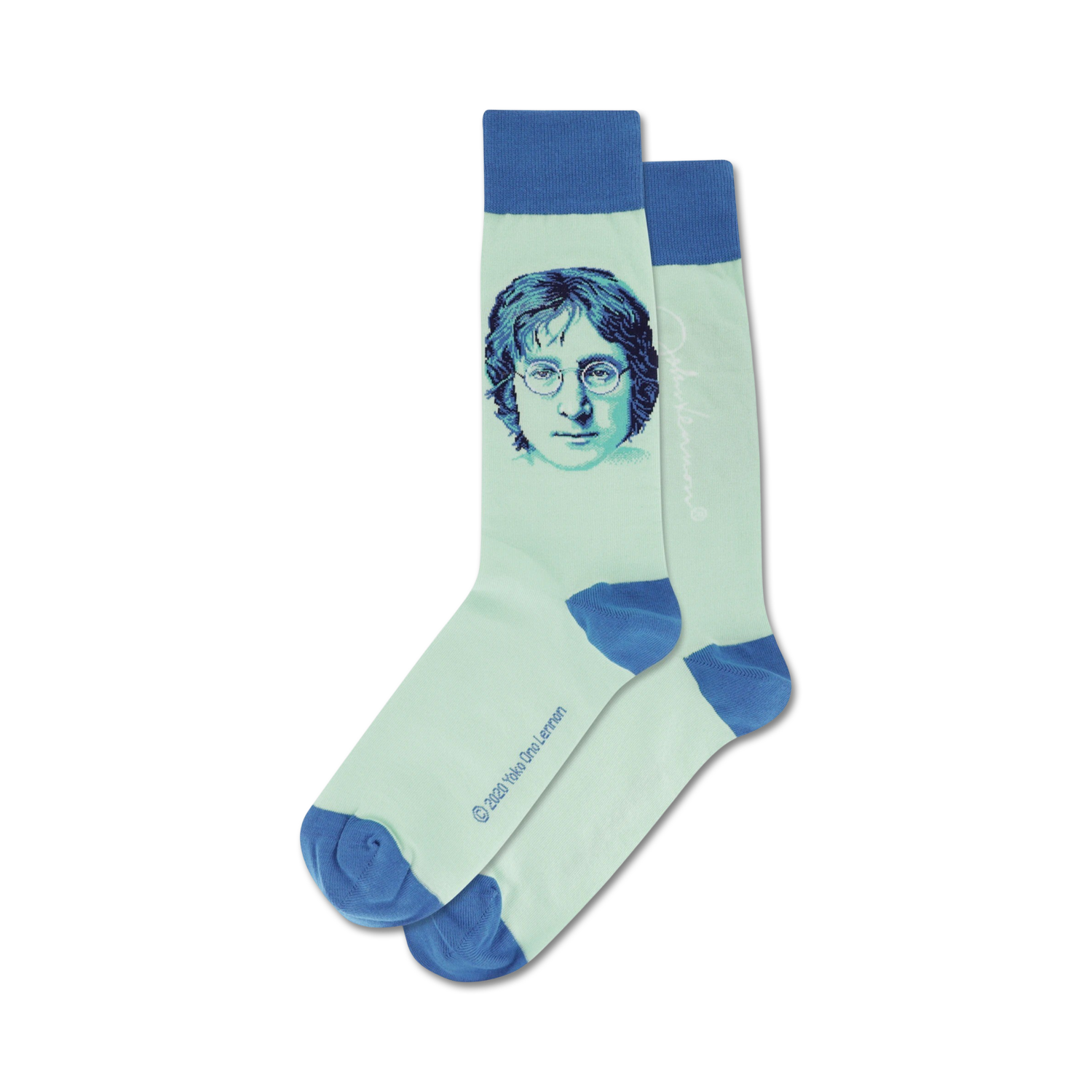 Pair of crew socks; light green with blue cuffs, featuring a grayscale portrait of John Lennon.