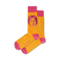 Pair of crew socks; mustard yellow with pink cuffs, featuring a pink portrait of John Lennon.