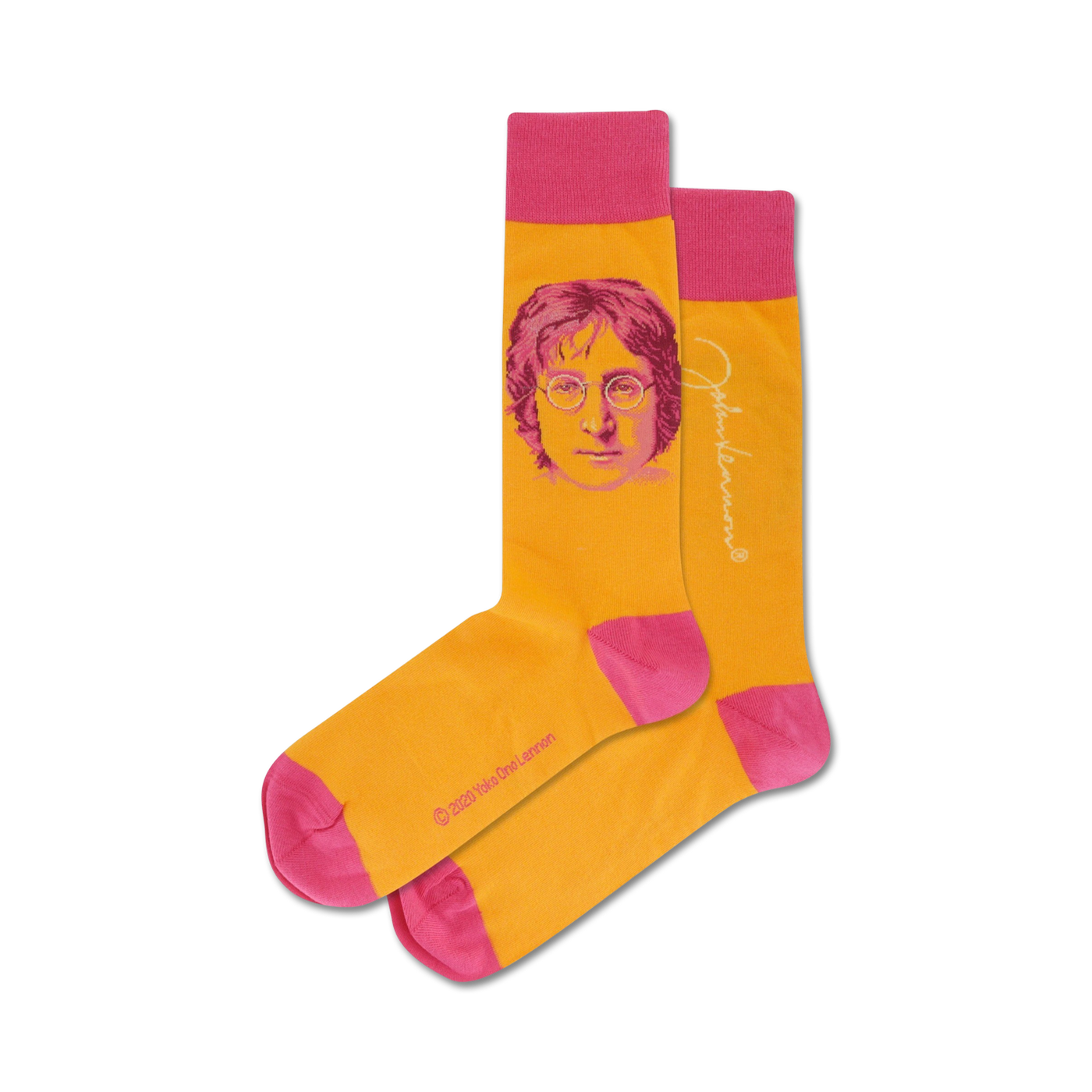 Pair of crew socks; mustard yellow with pink cuffs, featuring a pink portrait of John Lennon.