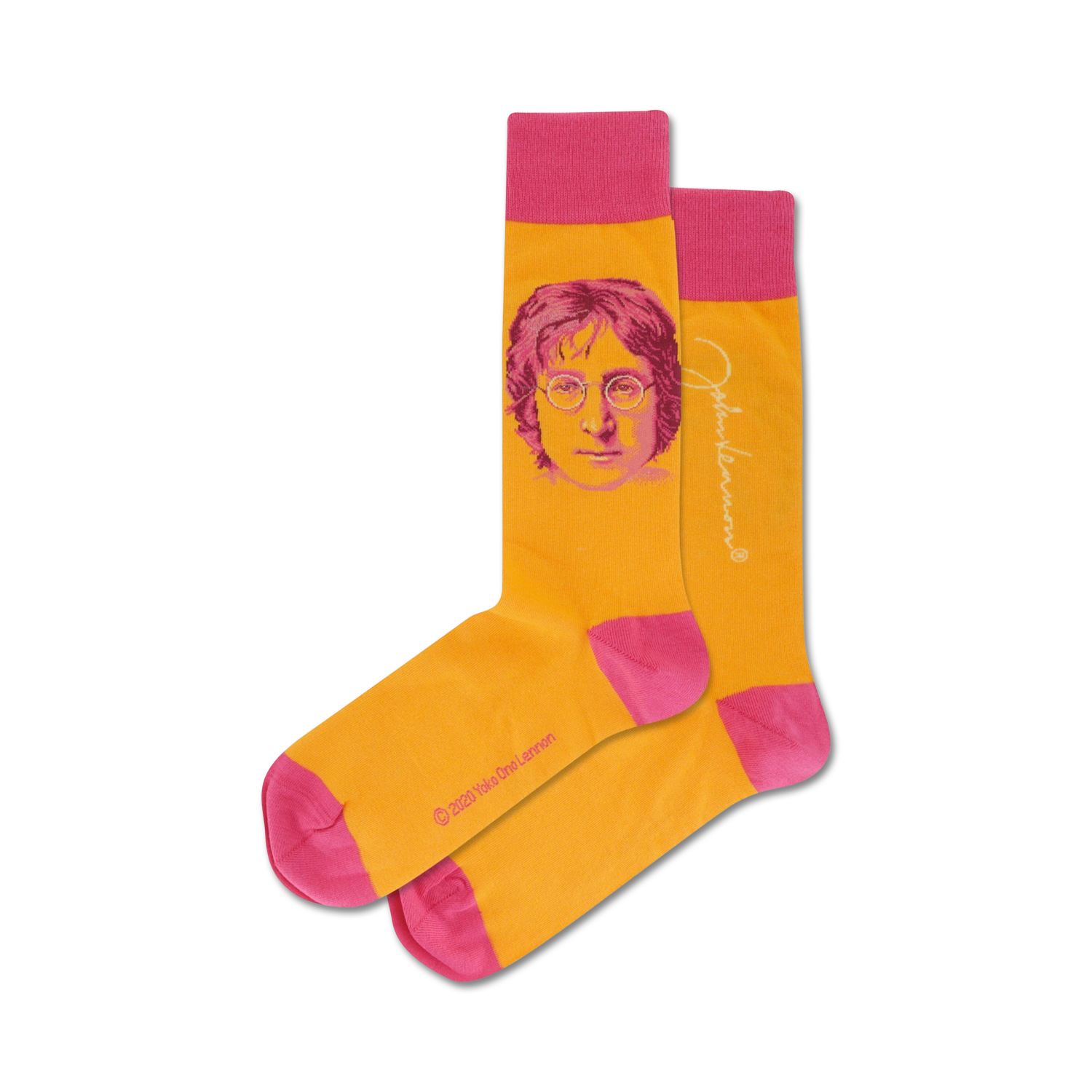 Pair of crew socks; mustard yellow with pink cuffs, featuring a pink portrait of John Lennon.