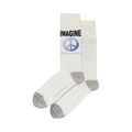 Pair of white crew socks with a blue and purple peace symbol and 'Imagine' and 'John Lennon' printed on them. Grey heel and toe.