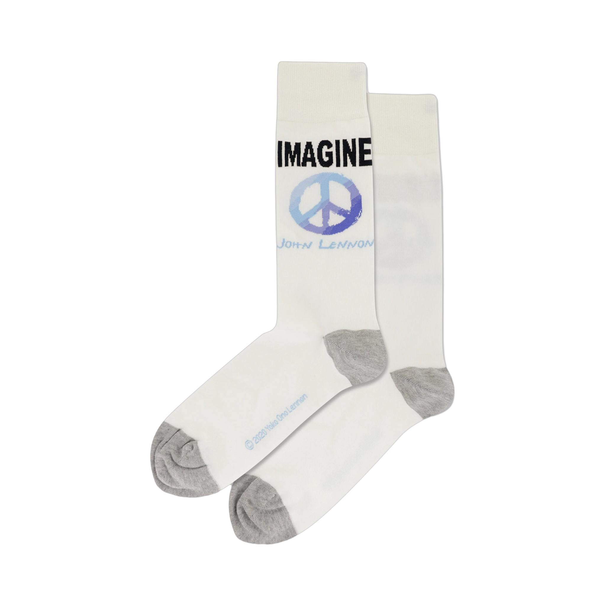 Pair of white crew socks with a blue and purple peace symbol and 'Imagine' and 'John Lennon' printed on them. Grey heel and toe.