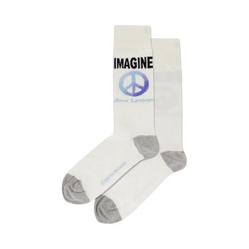 Pair of white crew socks with a blue and purple peace symbol and 'Imagine' and 'John Lennon' printed on them. Grey heel and toe.