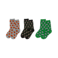 Three pairs of crew socks. Left: grey with orange basketballs. Middle: black with brown footballs, green lines. Right: green with soccer balls.