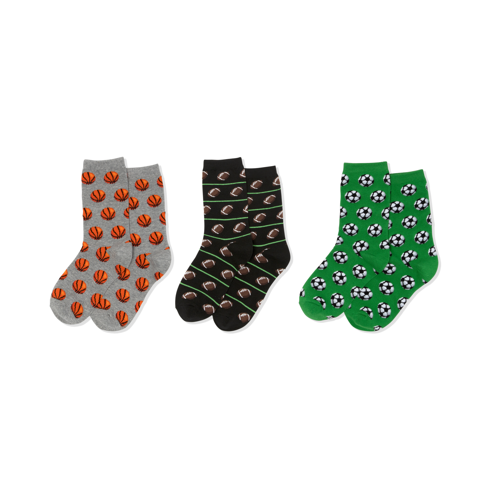Three pairs of crew socks. Left: grey with orange basketballs. Middle: black with brown footballs, green lines. Right: green with soccer balls.