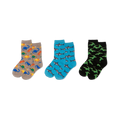 Three pairs of crew socks: one tan with colorful dinosaurs, one blue with grey sharks, and one black with green crocodiles.