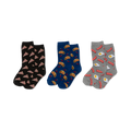 Three pairs of crew socks, folded: black with pizza, blue with tacos and chili peppers, grey with bacon and fried eggs.