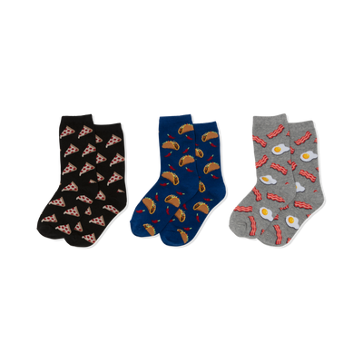Three pairs of crew socks, folded: black with pizza, blue with tacos and chili peppers, grey with bacon and fried eggs.
