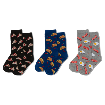 Three pairs of crew socks, folded: black with pizza, blue with tacos and chili peppers, grey with bacon and fried eggs.