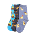 Three pairs of crew socks: blue with poodles in beanies, dark blue with dachshunds, lavender with corgi-like dogs.