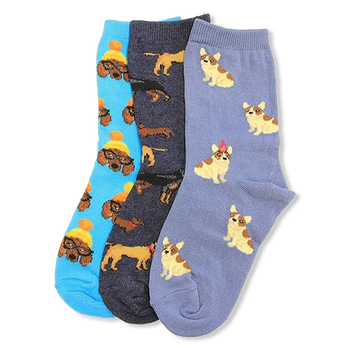 Three pairs of crew socks: blue with poodles in beanies, dark blue with dachshunds, lavender with corgi-like dogs.