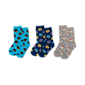 Three pairs of crew socks: light blue with sandwich cookies, navy with yellow and purple donuts, and grey with cereal bowls.