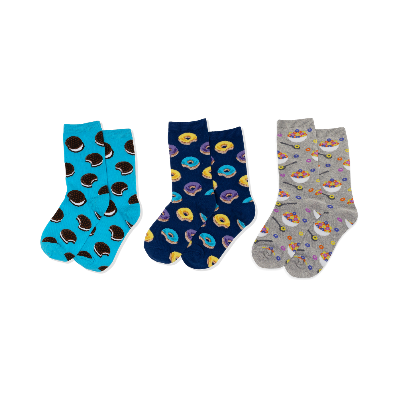 Three pairs of crew socks: light blue with sandwich cookies, navy with yellow and purple donuts, and grey with cereal bowls.