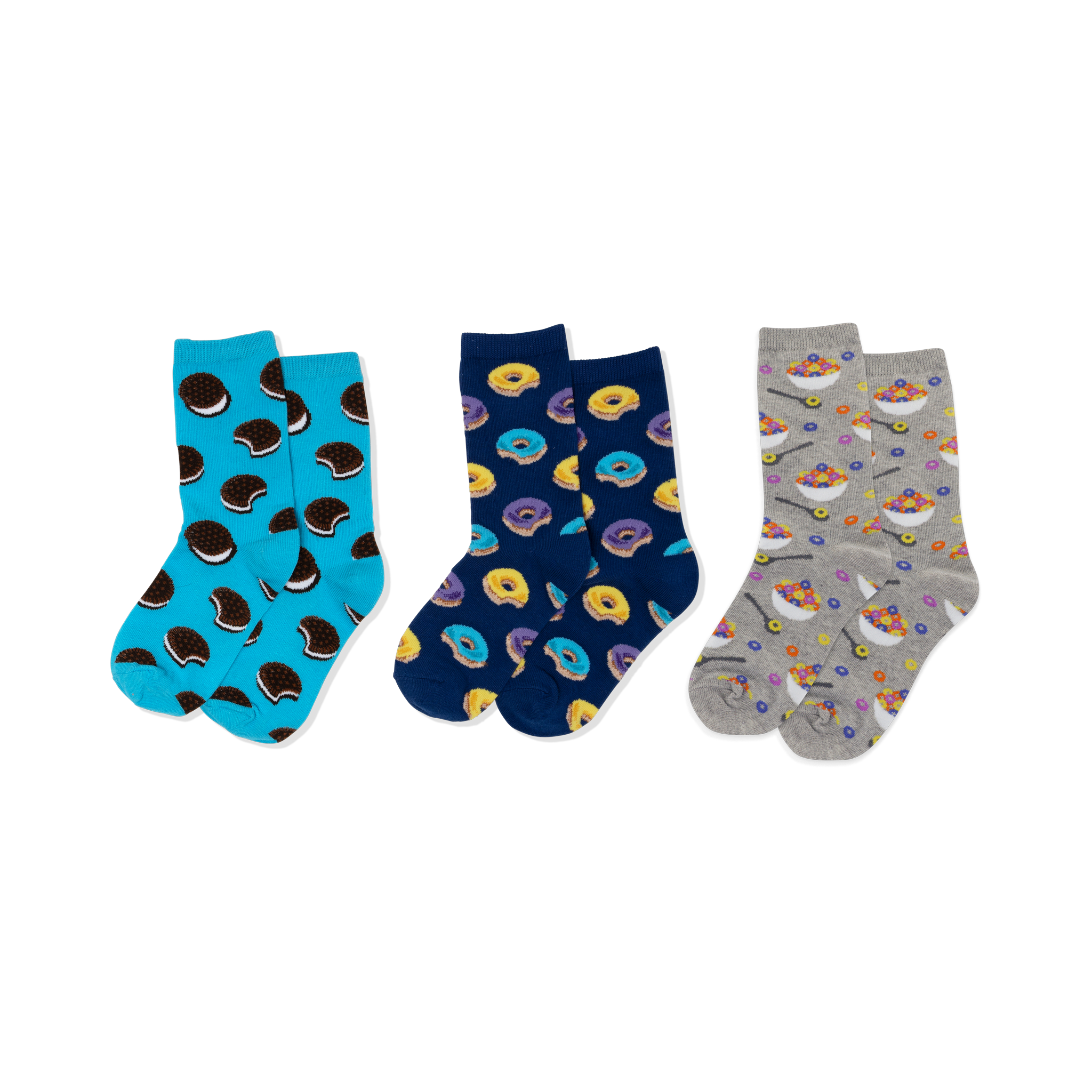 Three pairs of crew socks: light blue with sandwich cookies, navy with yellow and purple donuts, and grey with cereal bowls.