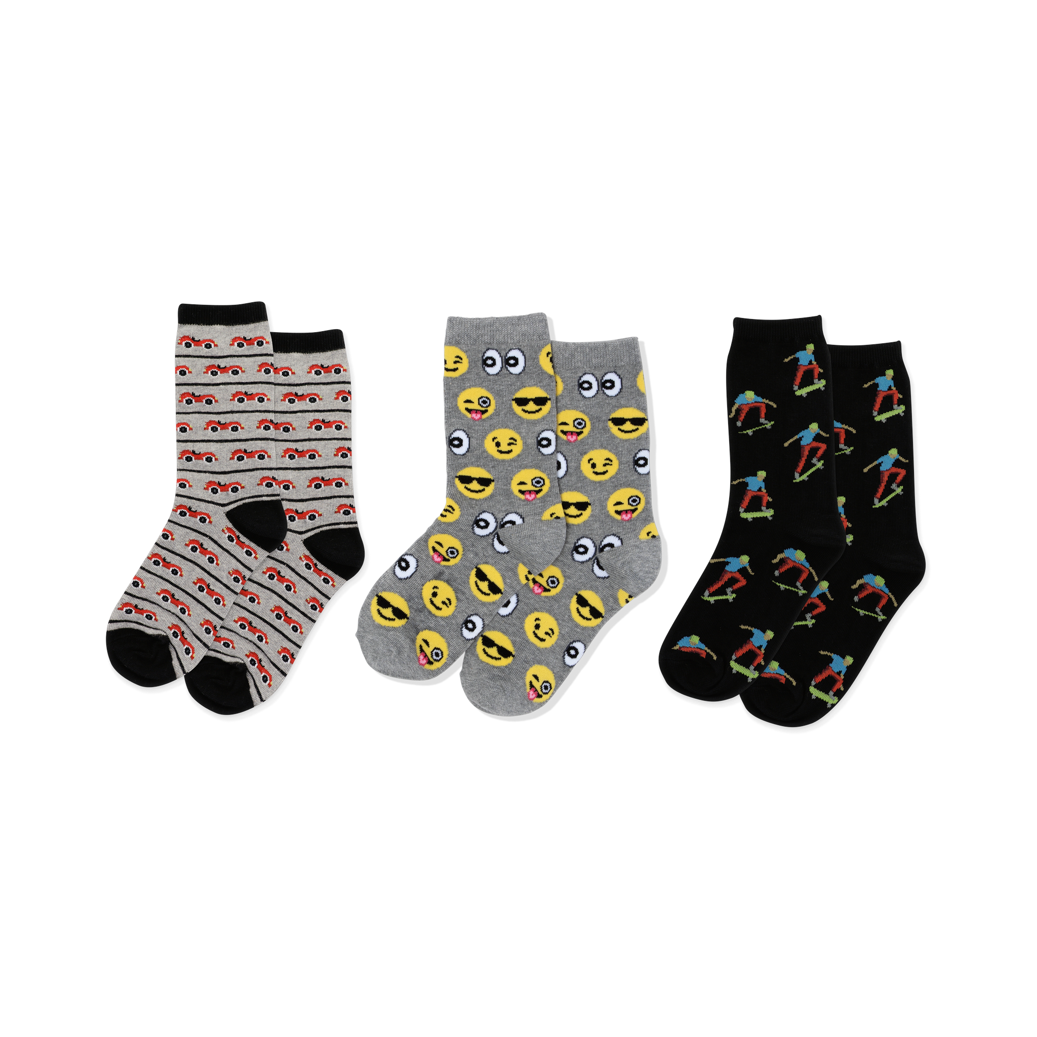 Three pairs of crew socks: light gray with red cars, gray with yellow emojis, black with colorful skateboarders, all with black accents.
