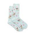 Pair of pastel blue crew socks featuring pugs and French bulldogs wearing bunny ears and pink Easter eggs.