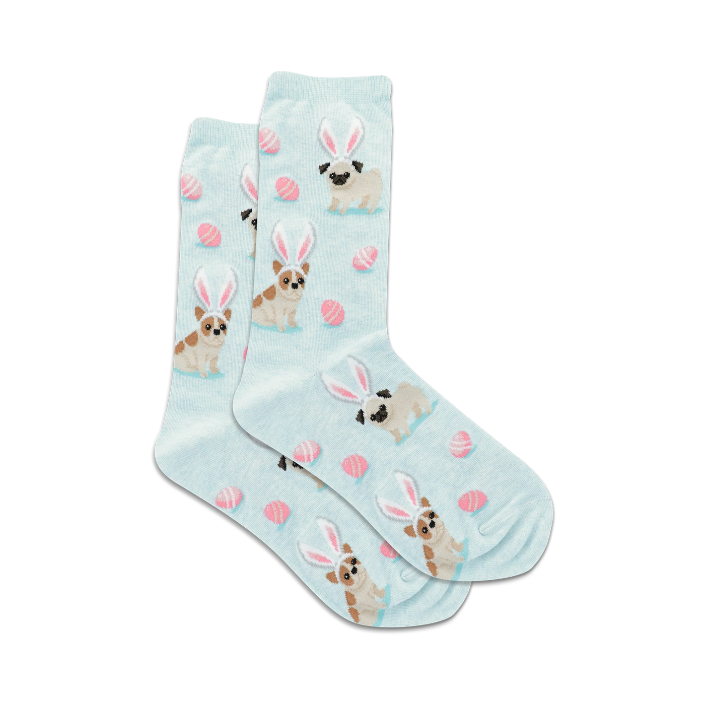 Pair of pastel blue crew socks featuring pugs and French bulldogs wearing bunny ears and pink Easter eggs.