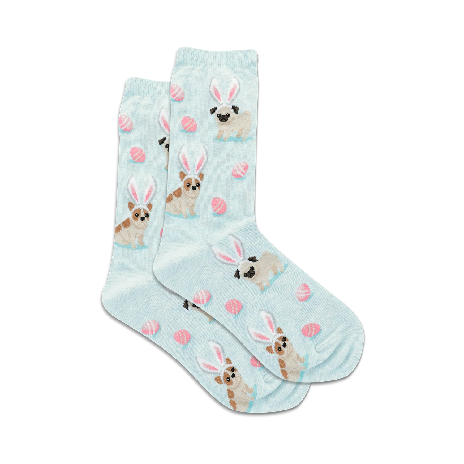 Pair of pastel blue crew socks featuring pugs and French bulldogs wearing bunny ears and pink Easter eggs.