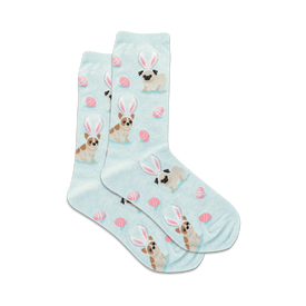 socks that are light blue and have a pattern of pugs wearing bunny ears. the ears are pink and white. there are also pink and white easter eggs in the pattern.