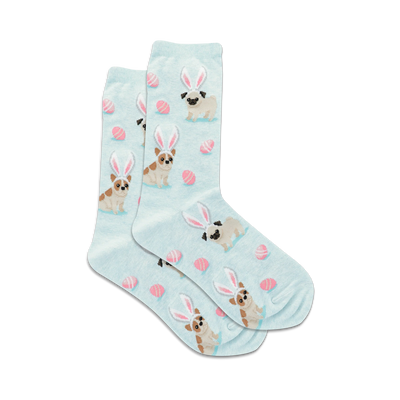 socks that are light blue and have a pattern of pugs wearing bunny ears. the ears are pink and white. there are also pink and white easter eggs in the pattern.