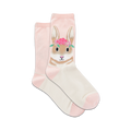 Pair of women's crew socks in pink and cream featuring a bunny wearing a flower crown. 