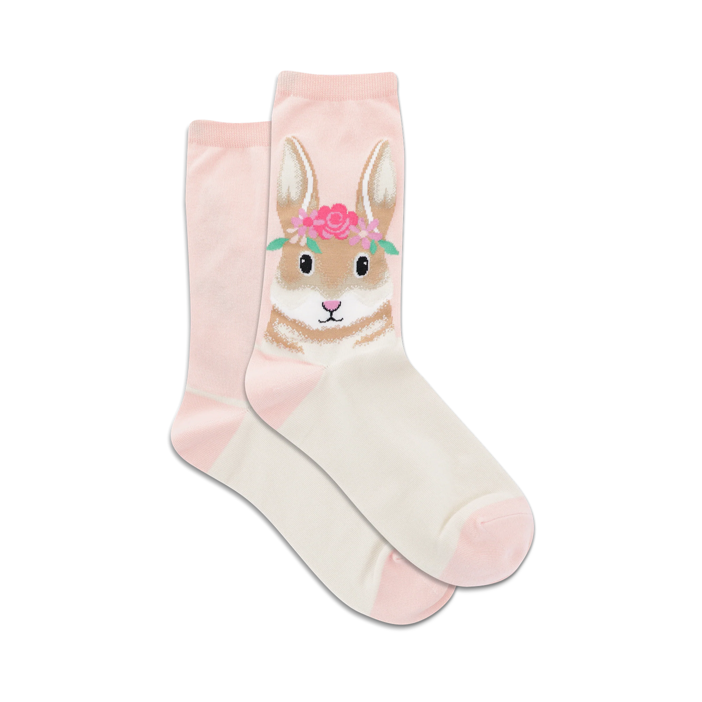 Pair of women's crew socks in pink and cream featuring a bunny wearing a flower crown. 
