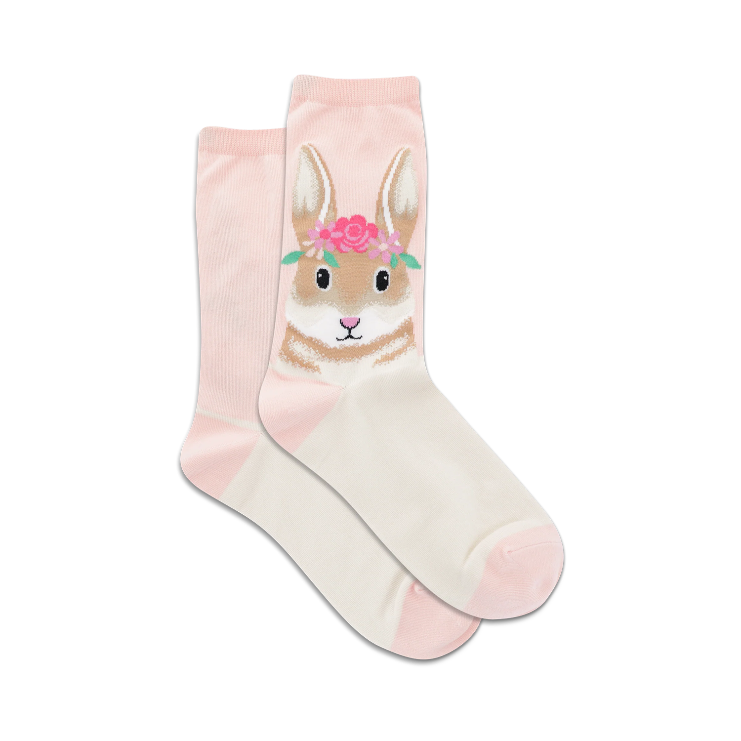 Pair of women's crew socks in pink and cream featuring a bunny wearing a flower crown. 