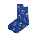 Pair of blue crew socks with adorable brown dachshunds carrying pastel balloons.