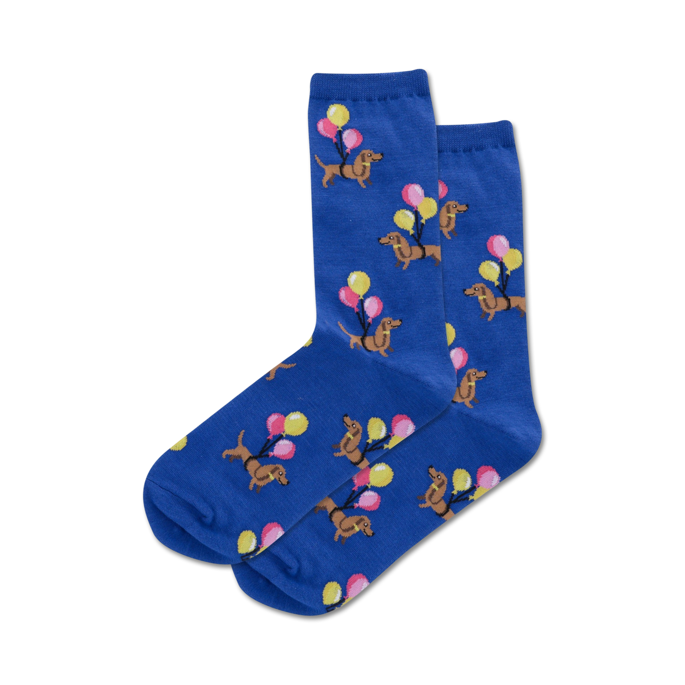 Pair of blue crew socks with adorable brown dachshunds carrying pastel balloons.